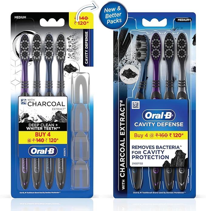 Oral-B Cavity Defense Deep Clean + Whitening Toothbrush, Medium, Charcoal Bristles, Pack of 4