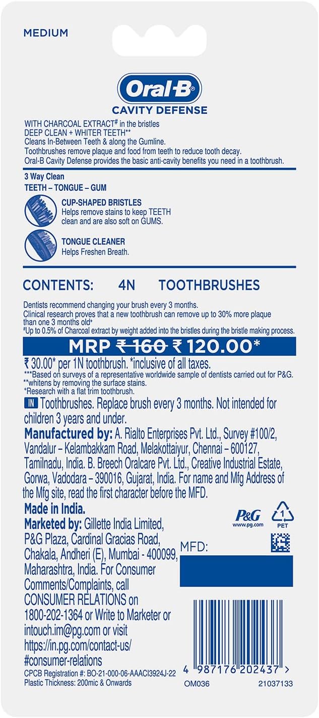 Oral-B Cavity Defense Deep Clean + Whitening Toothbrush, Medium, Charcoal Bristles, Pack of 4