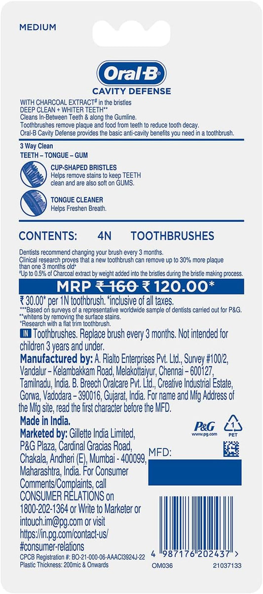 Oral-B Cavity Defense Deep Clean + Whitening Toothbrush, Medium, Charcoal Bristles, Pack of 4
