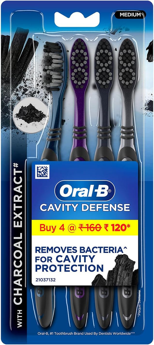 Oral-B Cavity Defense Deep Clean + Whitening Toothbrush, Medium, Charcoal Bristles, Pack of 4